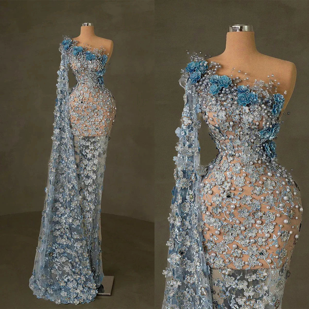 Sexy Mermaid Party Gowns Flowers Sequins Evening Dress Birthday Prom Dresses