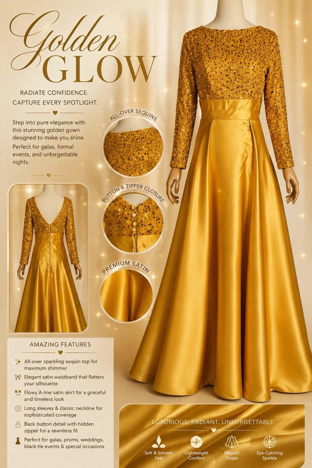 Women’s Gold Formal Sequins Evening Gown Satin W/ Over Skirt Zipper Back size 6